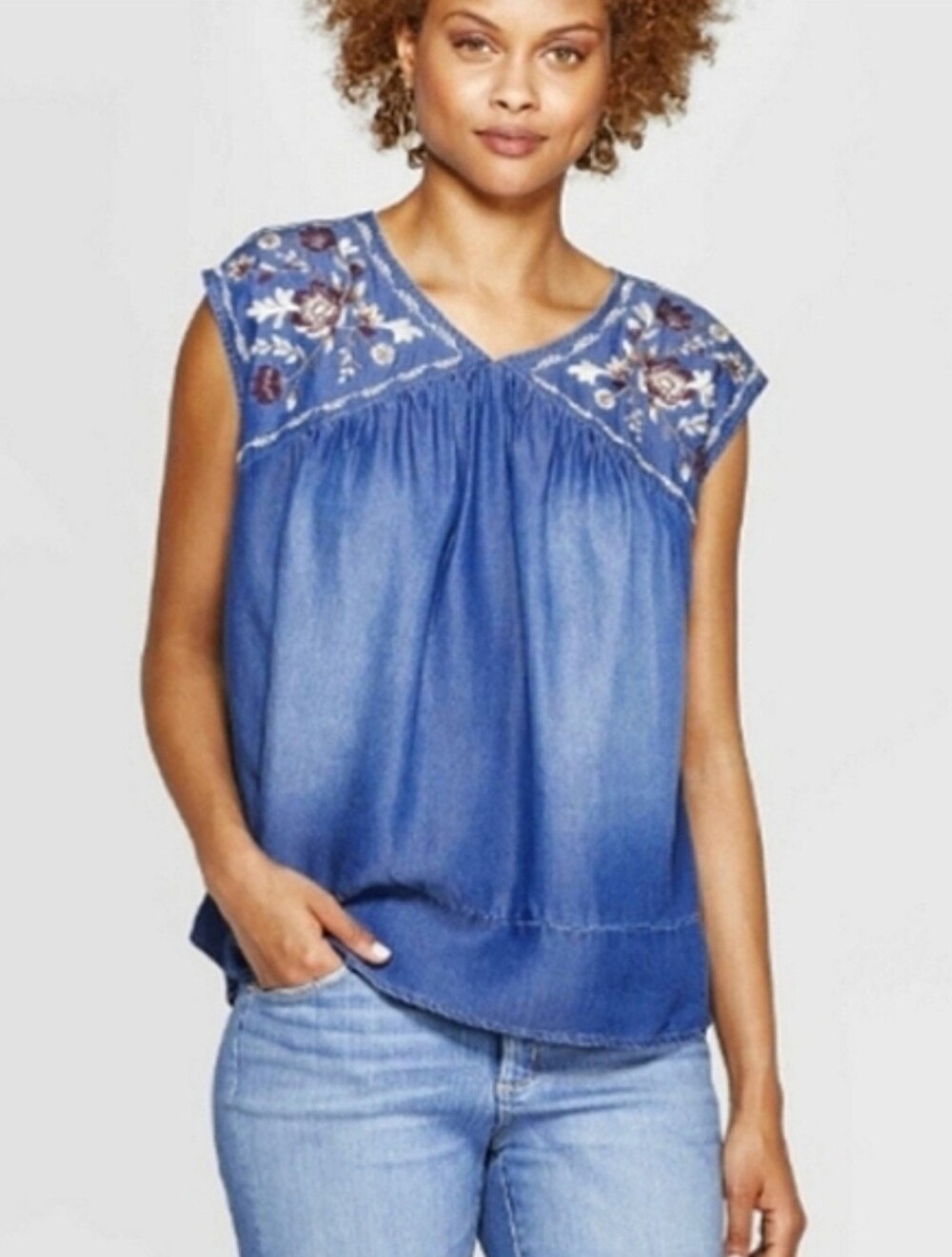 Knox Rose Blue Chambray Sleeveless Embroidered Top - Size XS Boho